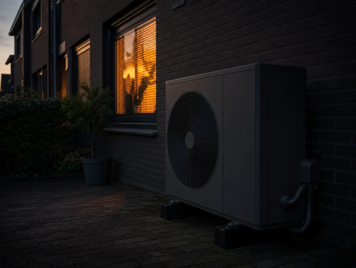 Buitenunit van een warmtepomp tegen een bakstenen woning